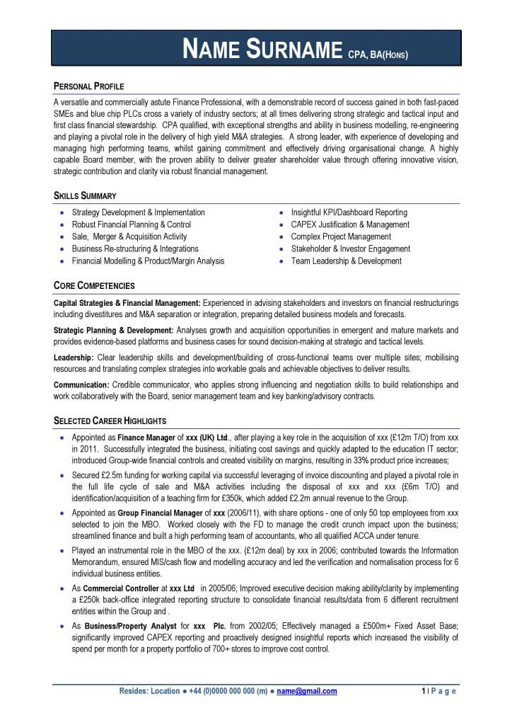 Example Finance Director CV page 001 724x1024